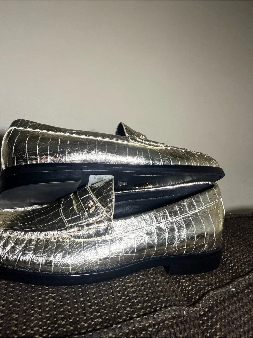 Metallic Gold Croc-Embossed Penny Loafers for Men